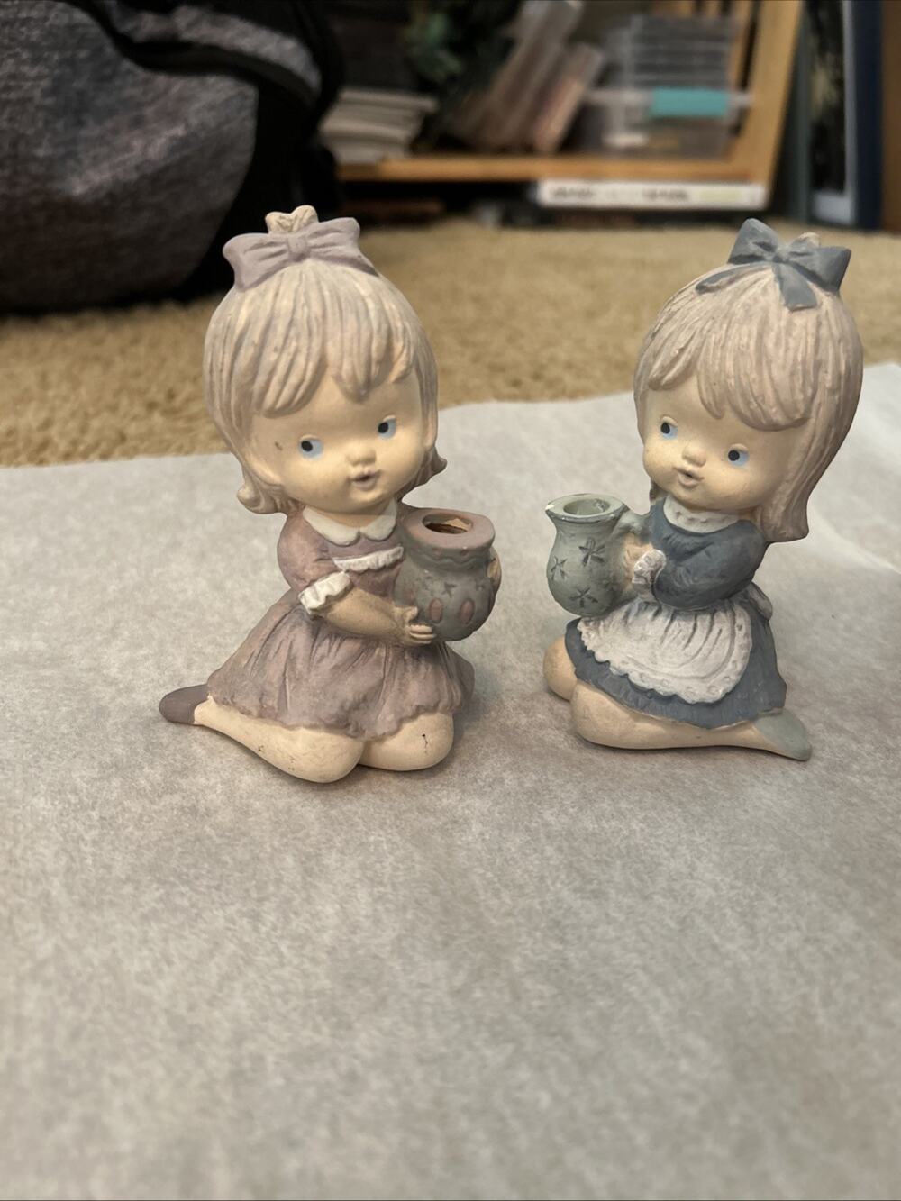 2 VINTAGE GIRL FIGURINES JAPAN Sitting Water Pitcher Hand Painted Ceramic - Picture 1 of 8